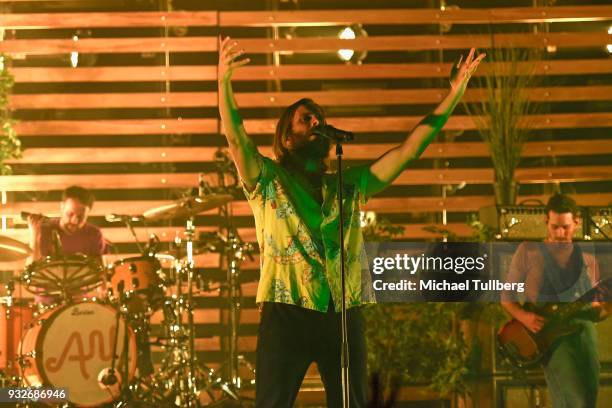 Isaac Carpenter, Aaron Bruno and Michael Goldman of Awolnation peform at The Wiltern on March 15, 2018 in Los Angeles, California.