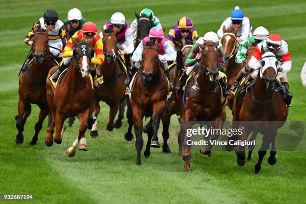 Luke Nolen riding Yulong Monoceros before winning Race 1 during Melbourne Racing at Moonee Valley Racecourse on March 16, 2018 in Melbourne,...