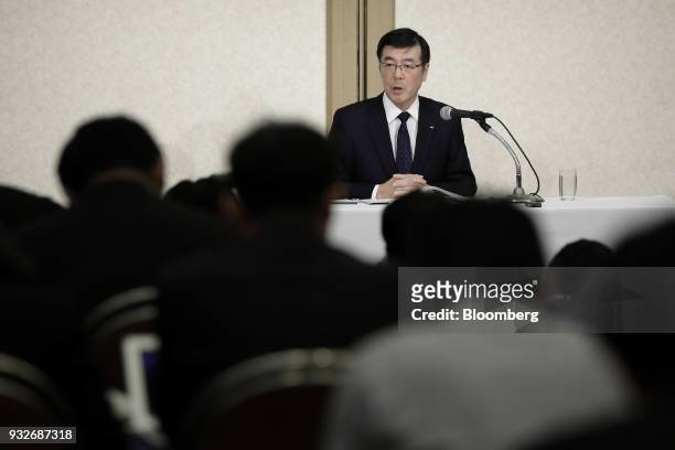 Mitsugu Yamaguchi, incoming president and chief executive officer of Kobe Steel Ltd., speaks during a news conference in Tokyo, Japan, on Friday,...