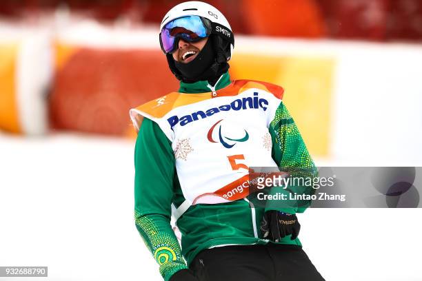 Simon Patmore of Australia reacts after competes in the Men's Banked Slalom SB-LL1 Run 3 during day seven of the PyeongChang 2018 Paralympic Games on...