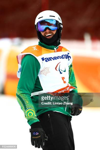Simon Patmore of Australia reacts after competes in the Men's Banked Slalom SB-LL1 Run 3 during day seven of the PyeongChang 2018 Paralympic Games on...