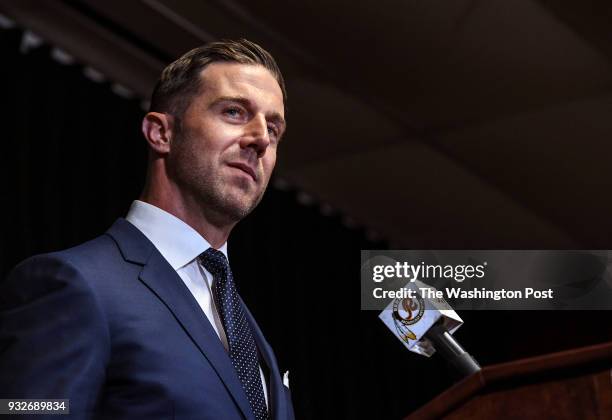 Washignton Redskins quarterback Alex Smith answers questions from the media during an introductory press conference at Redskins Park on Thursday,...