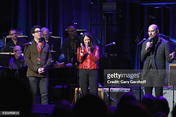 Greg Williamson, Karen Pearl and John Varvatos seen on stage during the 2nd Annual Love Rocks NYC concert benefitting God's Love We Deliver at the...