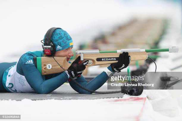 Olha Prylutska of Ukraine shoots during her run in Women's 12.5km, Visually Impaired in Biathlon during day seven of the PyeongChang 2018 Paralympic...