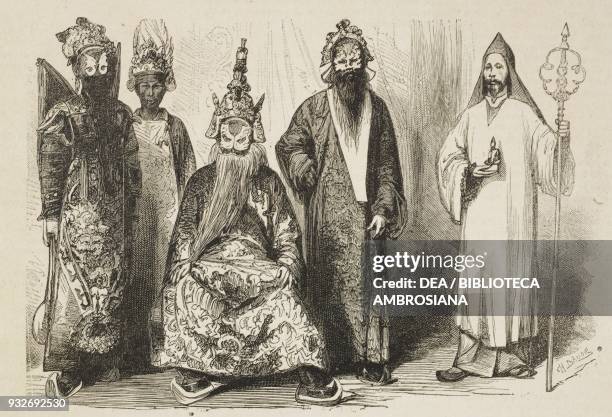 Bonze woman, Annamites costume of war and monk, Tonkin costumes, Vietnam, illustration from the weekly Rivista Illustrata , No 233, June 17, 1883.