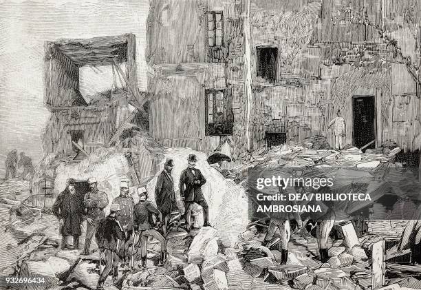 King Umberto I of Italy among the ruins in Casamicciola after the earthquake on Ischia island, Campania, Italy, illustration from the weekly Rivista...