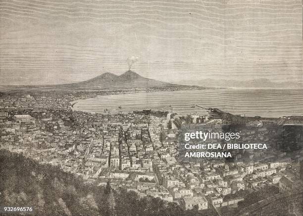 View of Naples and Mount Vesuvius, Campania, Italy, illustration from the weekly Rivista Illustrata , No 243, August 26, 1883.