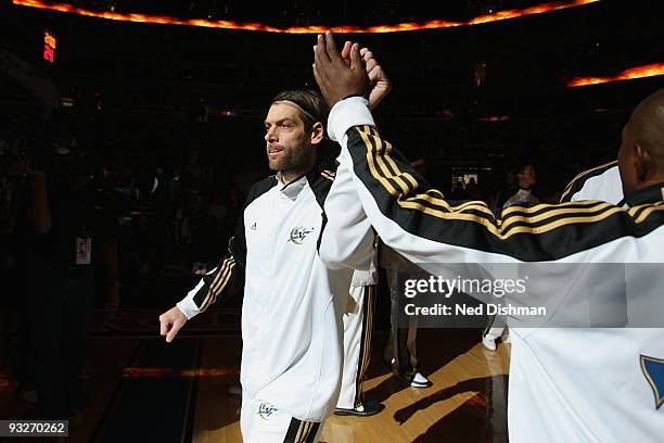 Fabricio Oberto of the Washington Wizards is introduced prior to the game against the Miami Heat at the Verizon Center on November 4, 2009 in...