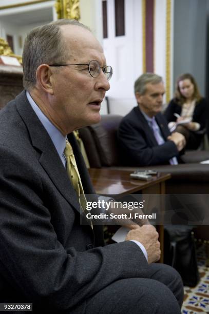 Senate Republican Conference Chairman Lamar Alexander, R-Tenn., and Senate Budget ranking member Judd Gregg, R-N.H., talk to reporters in the Senate...