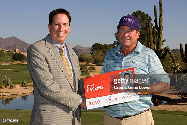 Player Steve Haskins with Mike Stevens, President, Champions Tour received their Qualifying cards at the 2009 Champions Tour National Qualifying...