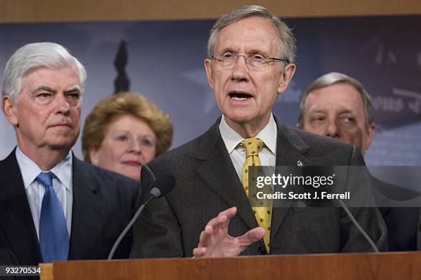 Sen. Christopher J. Dodd, D-Conn., Sen. Debbie Stabenow, D-Mich., Senate Majority Leader Harry Reid, D-Nev., and Senate Assistant Majority Leader...