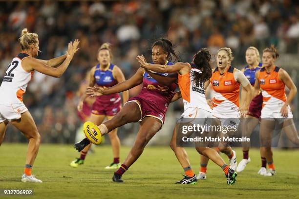 Sabrina Frederick-Traub of the Lions kicks a goal during the round seven AFLW match between the Greater Western Sydney Giants and the Brisbane Lions...