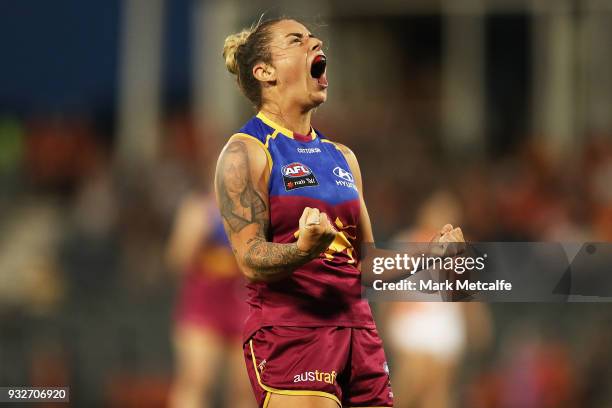 Brittany Gibson of the Lions celebrates scoring a goal during the round seven AFLW match between the Greater Western Sydney Giants and the Brisbane...