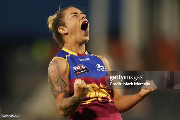 Brittany Gibson of the Lions celebrates scoring a goal during the round seven AFLW match between the Greater Western Sydney Giants and the Brisbane...