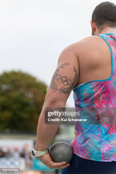 Detailed view of the Olympic rings tattoo on the outer arm of Konrad Bukowiecki of Poland during The Big Shot at the Retro Sports Complex on March...