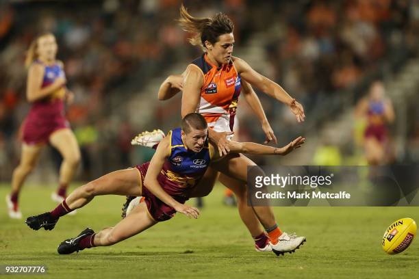 Courtney Gum of the Giants competes for the ball during the round seven AFLW match between the Greater Western Sydney Giants and the Brisbane Lions...