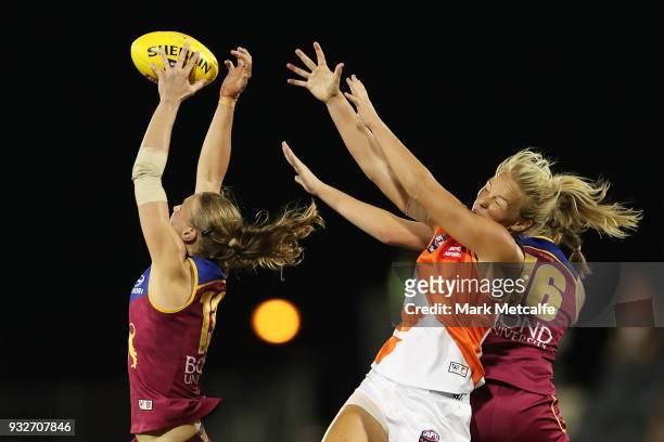 Kate Lutkins of the Lions marks the ball during the round seven AFLW match between the Greater Western Sydney Giants and the Brisbane Lions at...