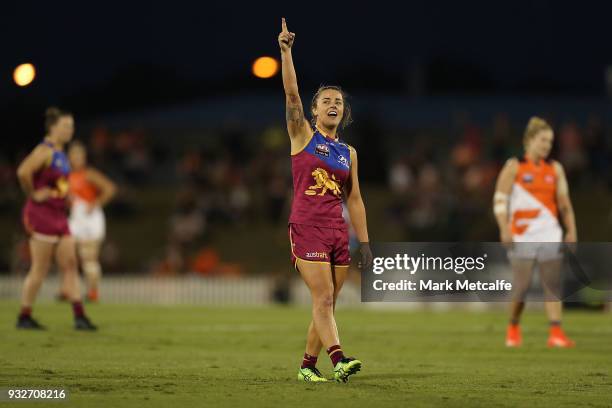 Brittany Gibson of the Lions celebrates scoring a goal during the round seven AFLW match between the Greater Western Sydney Giants and the Brisbane...