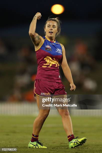 Brittany Gibson of the Lions celebrates scoring a goal during the round seven AFLW match between the Greater Western Sydney Giants and the Brisbane...