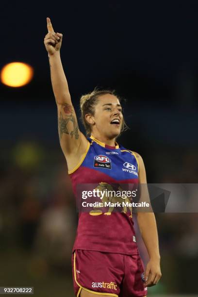 Brittany Gibson of the Lions celebrates scoring a goal during the round seven AFLW match between the Greater Western Sydney Giants and the Brisbane...