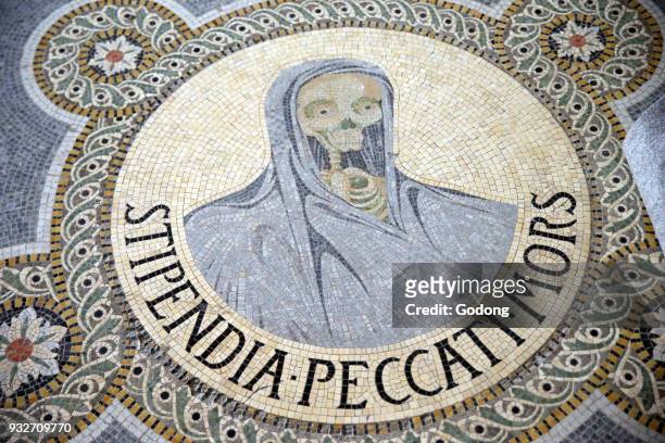 Notre Dame de Fourviere Basilica. Mosaic of skull depicting Stipendium peccati mors . Lyon. France.