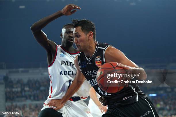 Tai Wesley of Melbourne United drives at the basket during game one of the NBL Grand Final series between Melbourne United and the Adelaide 36ers at...