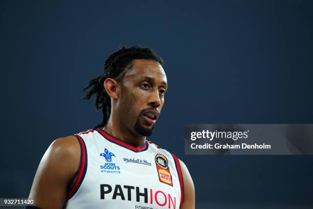 Josh Childress of the Adelaide 36ers looks on during game one of the NBL Grand Final series between Melbourne United and the Adelaide 36ers at...