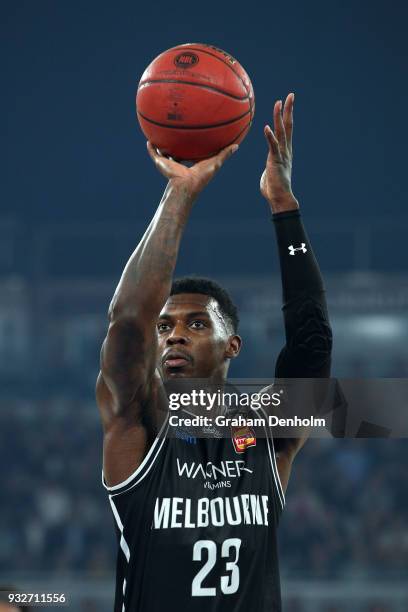 Casey Prather of Melbourne United shoots during game one of the NBL Grand Final series between Melbourne United and the Adelaide 36ers at Hisense...