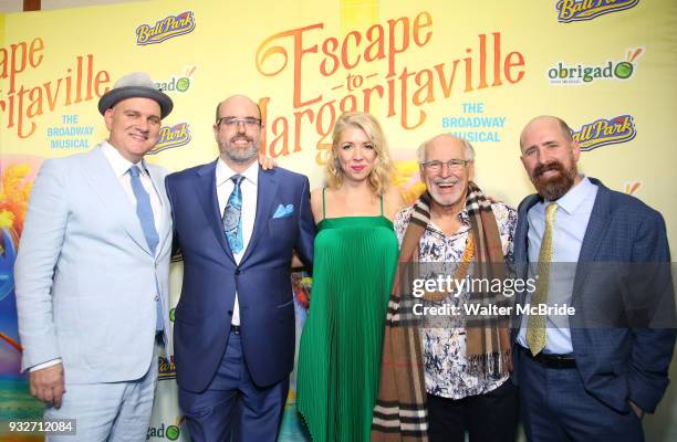 Mike O'Malley, Christopher Ashley, Kelly Devine, Jimmy Buffett and Greg Garcia attend the Broadway Opening Night After Party for 'Escape To...