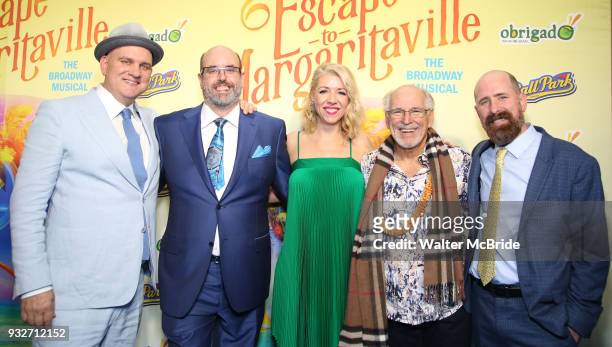 Mike O'Malley, Christopher Ashley, Kelly Devine, Jimmy Buffett and Greg Garcia attend the Broadway Opening Night After Party for 'Escape To...