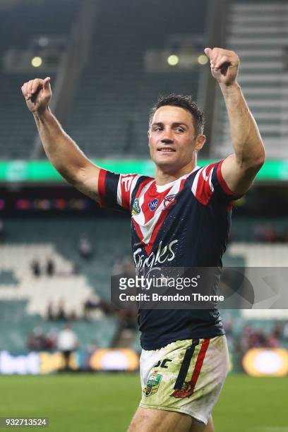 Cooper Cronk of the Roosters celebrates at full time following the round two NRL match between the Sydney Roosters and the Canterbury Bulldogs at...