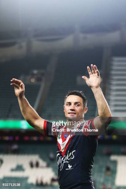 Cooper Cronk of the Roosters celebrates at full time following the round two NRL match between the Sydney Roosters and the Canterbury Bulldogs at...