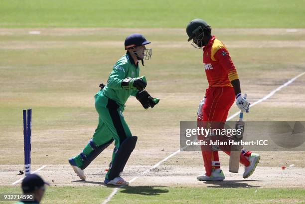 Nial O'Brien of Ireland celebates the wicket of Solomon Mire of Zimbabwe during The ICC Cricket World Cup Qualifier between Ireland and Zimbabwe at...