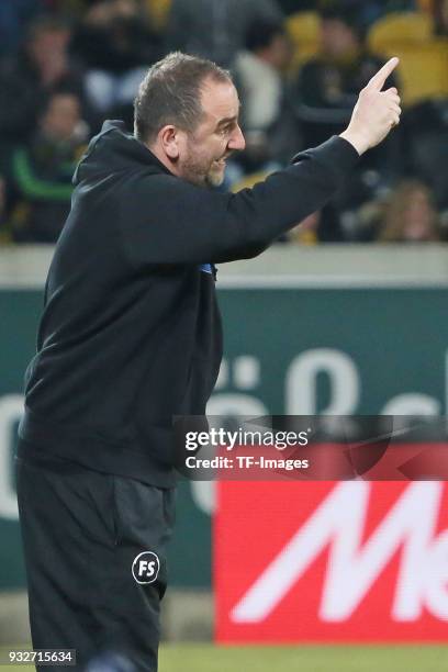 Head coach Frank Schmidt of Heidenheim gestures during the Second Bundesliga match between SG Dynamo Dresden and 1. FC Heidenheim 1846 at DDV-Stadion...
