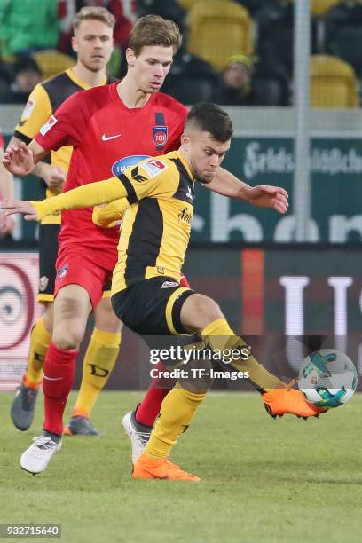 Sascha Horvath of Dresden controls the ball during the Second Bundesliga match between SG Dynamo Dresden and 1. FC Heidenheim 1846 at DDV-Stadion on...