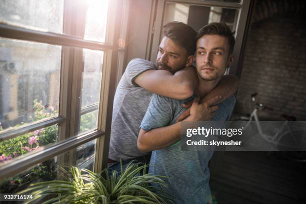 Embraced gay men enjoying in their time while looking through window.