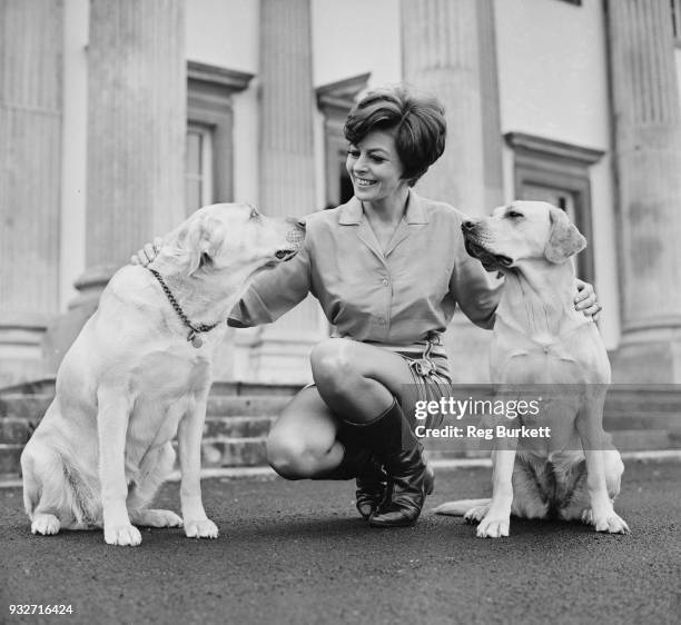 British actress Joan Rice with two dogs, UK, 19th October 1968.