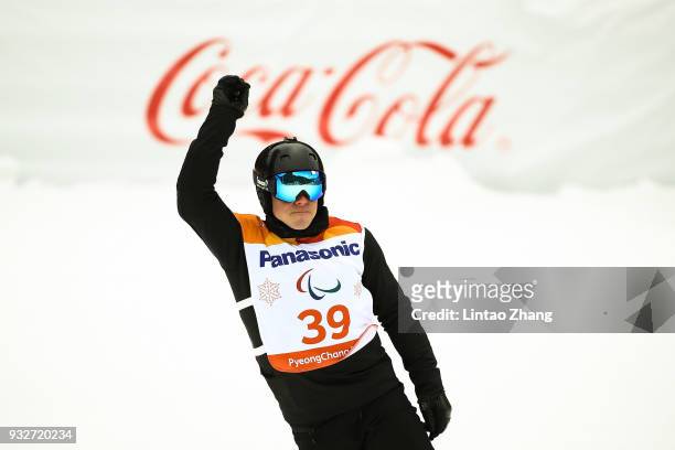 Matti Suur-Hamari of Finland reacts after competes in the Men's Banked Slalom SB-UL Run 3 during day seven of the PyeongChang 2018 Paralympic Games...