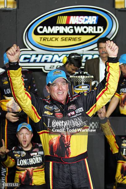 Ron Hornaday Jr. , driver of the Longhorn Chevrolet, celebrates winning the series title in Victory Lane after finishing 8th in the NASCAR Camping...