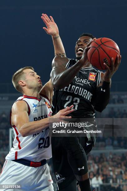 Casey Prather of Melbourne United drives at the basket during game one of the NBL Grand Final series between Melbourne United and the Adelaide 36ers...