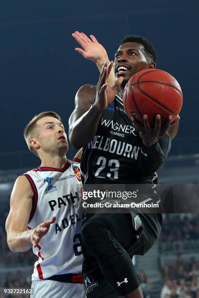 Casey Prather of Melbourne United drives at the basket during game one of the NBL Grand Final series between Melbourne United and the Adelaide 36ers...