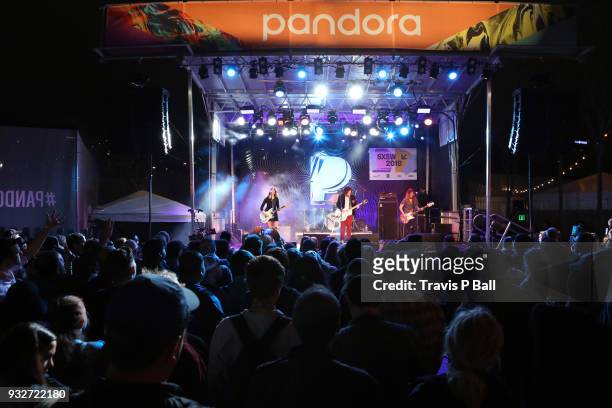 Aurore Ounjian, James Alex, Dan Crotts, and Tierney Tough of Beach Slang perform onstage at Pandora during SXSW at Stubb's Bar-B-Q on March 15, 2018...