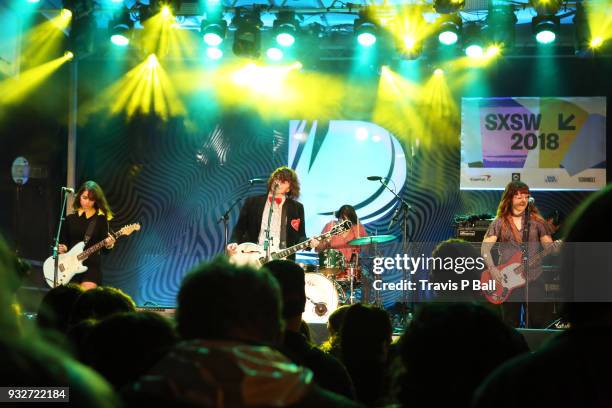 Aurore Ounjian, James Alex, Dan Crotts, and Tierney Tough of Beach Slang perform onstage at Pandora during SXSW at Stubb's Bar-B-Q on March 15, 2018...