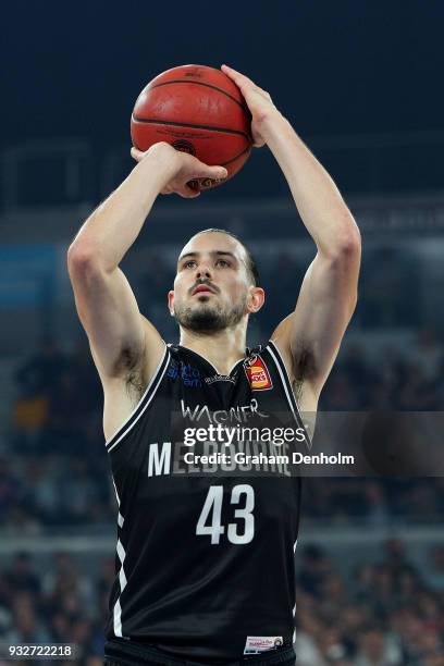 Chris Goulding of Melbourne United shoots during game one of the NBL Grand Final series between Melbourne United and the Adelaide 36ers at Hisense...