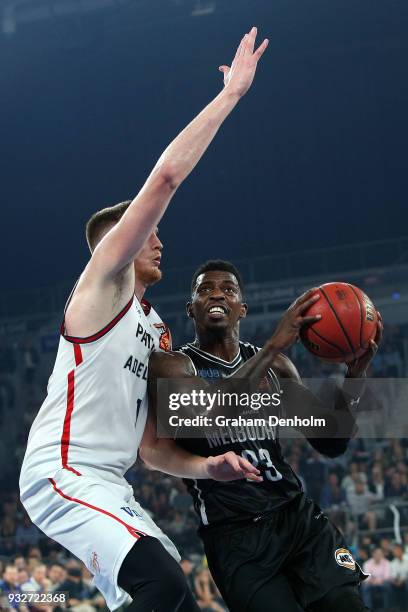 Casey Prather of Melbourne United drives at the basket during game one of the NBL Grand Final series between Melbourne United and the Adelaide 36ers...