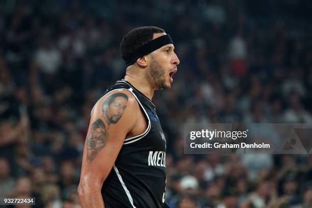 Josh Boone of Melbourne United reacts during game one of the NBL Grand Final series between Melbourne United and the Adelaide 36ers at Hisense Arena...