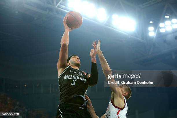 Josh Boone of Melbourne United in action during game one of the NBL Grand Final series between Melbourne United and the Adelaide 36ers at Hisense...