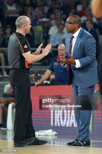 Adelaide 36ers head coach Joey Wright talks to the referee during game one of the NBL Grand Final series between Melbourne United and the Adelaide...