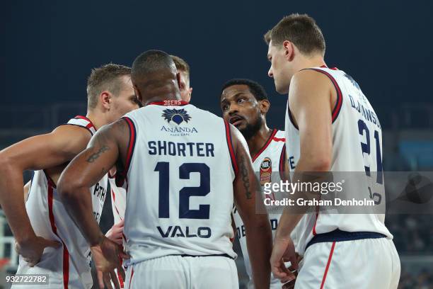 Ramone Moore of the Adelaide 36ers talks to his teammates during game one of the NBL Grand Final series between Melbourne United and the Adelaide...