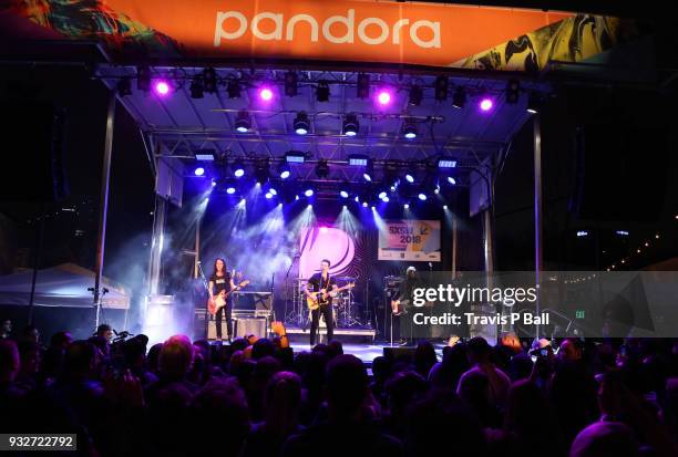 Armon Jay, Chris Carrabba and Scott Schoenbeck of Dashboard Confessional perform onstage at Pandora during SXSW at Stubb's Bar-B-Q on March 15, 2018...